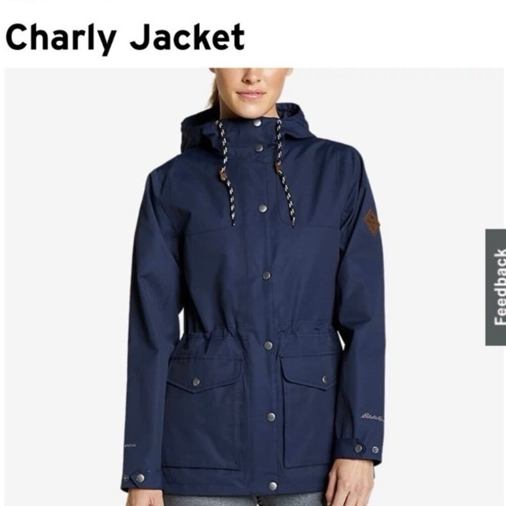 Eddie Bauer Womens Sz M Charly Jacket in Navy Waterproof Hooded Rain Jacket